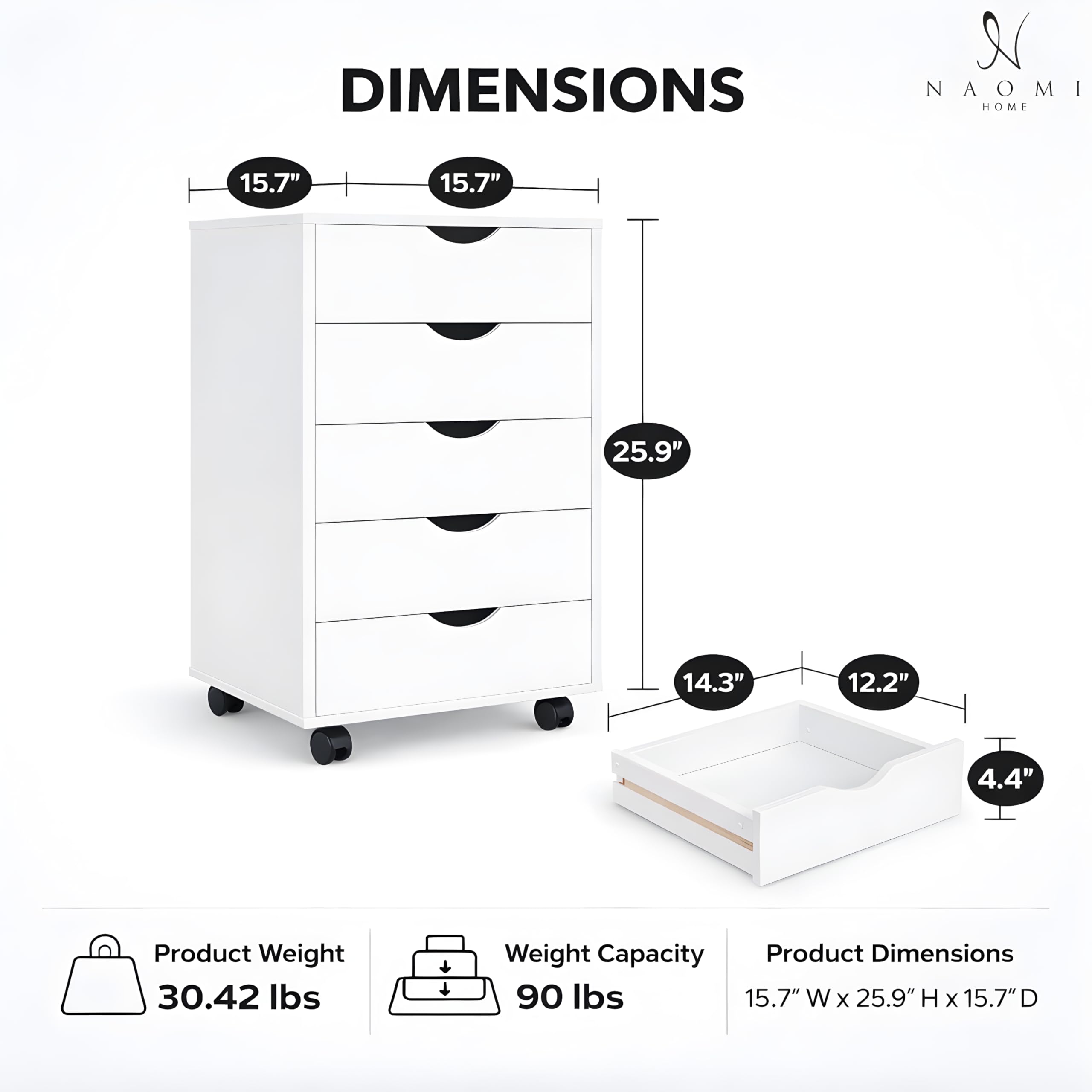 Amazon.com: Naomi Home 5 Drawer Storage Cabinet with Wheels White